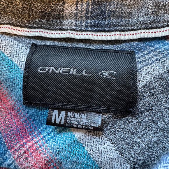 O'Neill Men's M Plaid Flannel Button Up Shirt Gray Blue Red Surf Skate Gorpcore - Picture 10 of 11